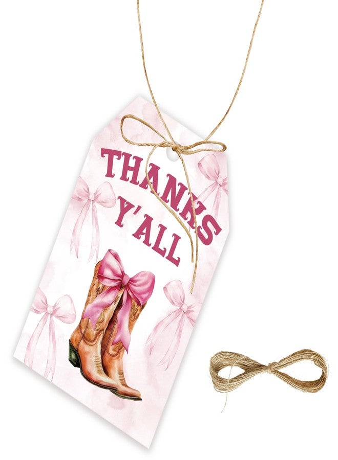 FORSHEEP 50pcs Pink Bow Cowgirl Thank You Tags, Western Cowgirl Gift Tag with String for Girl Birthday, Coquette Boots Thank You Paper Tags for Western Themed Party Favors - Image 1